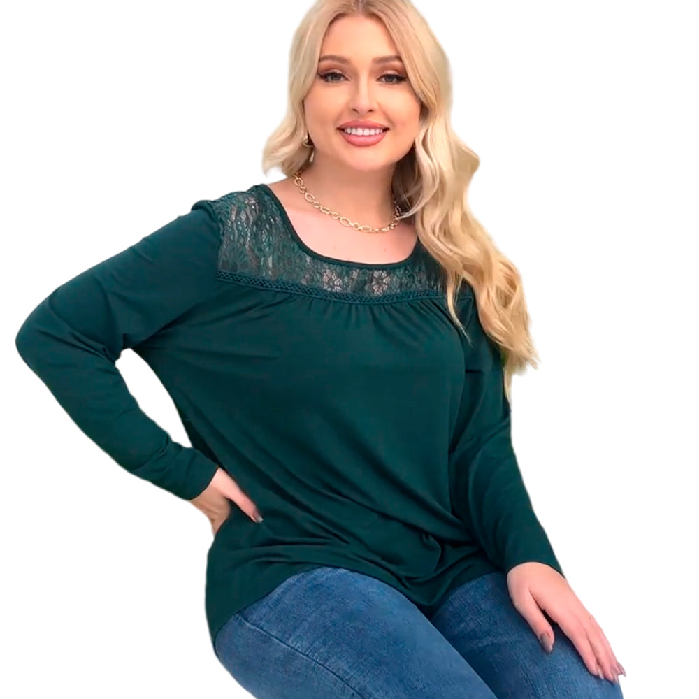 Blusa Manga Larga Zyfmaily Color Verde Oscuro Para Mujer Talla 1X