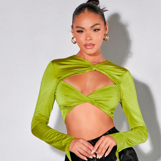 Top Corto Shein con Abertura Plegada Delantera Color Verde Olivo Talla XS