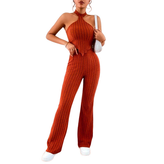 Pantalones Acampanados Y Top Halter Shein Essence Color Naranja Talla S