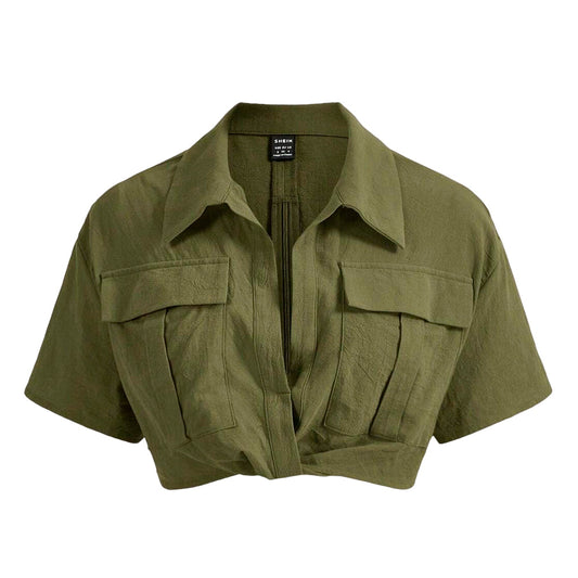 Camisa Crop Shein con Solapa de Hombros Caidos Color Verde Militar Talla S