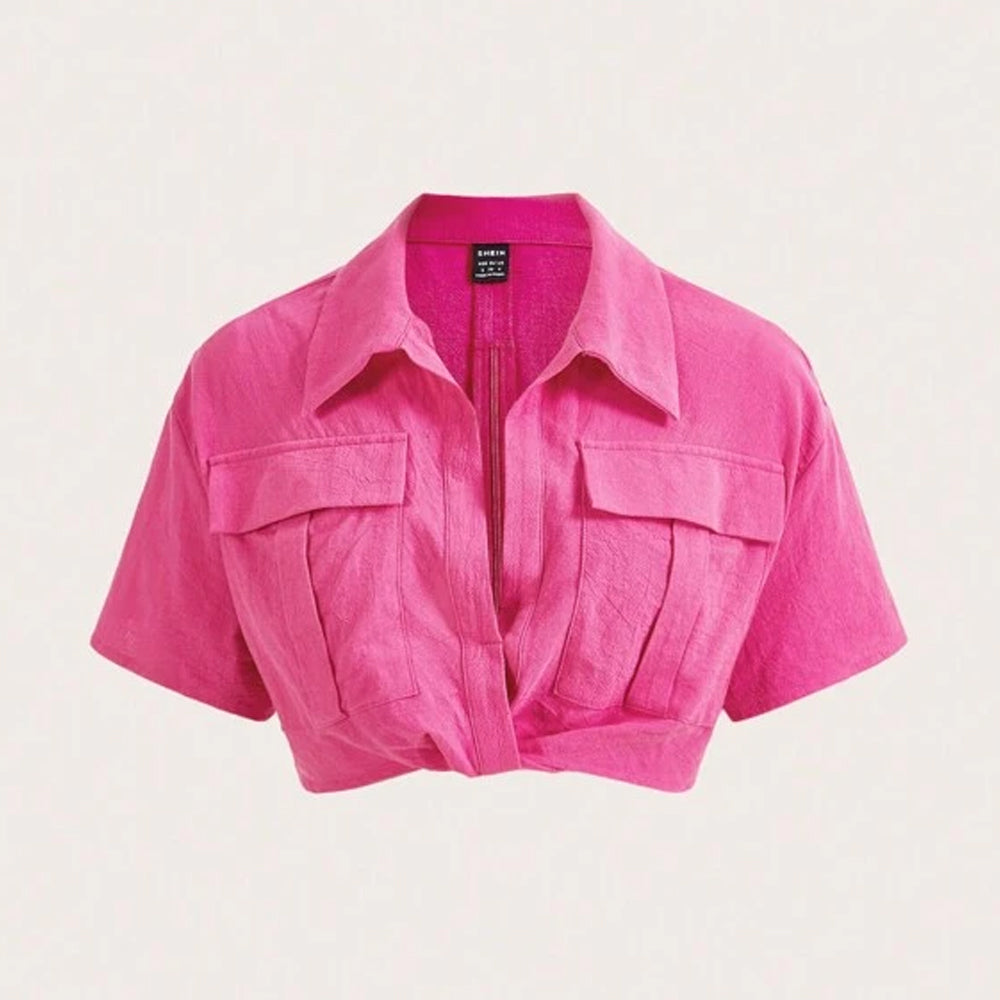 Camisa con Bolsillo Shein con Solapa de Hombros Caídos Color Fucsia Talla S