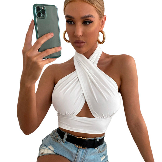 Top Halter Shein corto Cruzado Color Blanco Talla M