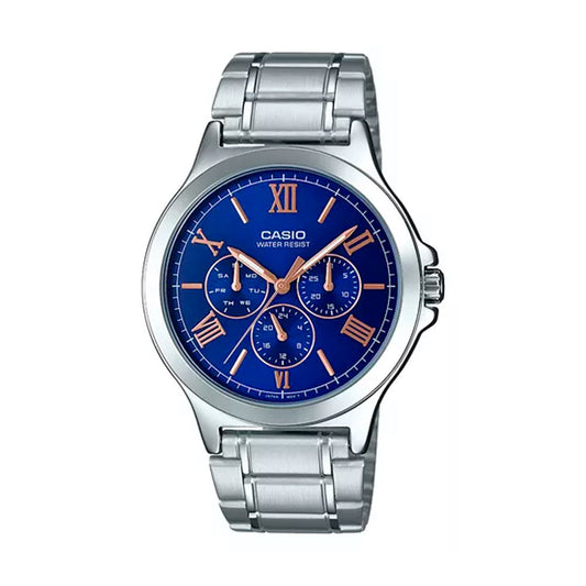 Reloj Análogo Casio Original MTP-V300D-2A Multifuncional para Hombre Color Plateado-Azul