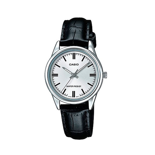 Reloj Anaologo Casio Original LTP-V005L-7A para Mujer en Acero Fondo Blanco y Correa Negra