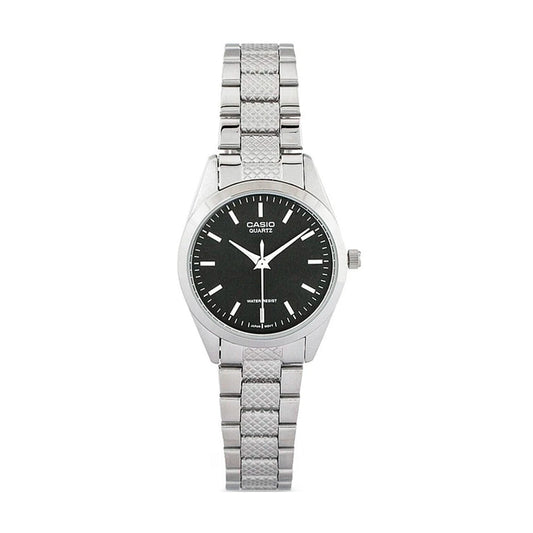 Reloj Análogo Casio Original LTP-1274D-1A para Mujer en Acero Plateado y Fondo Negro