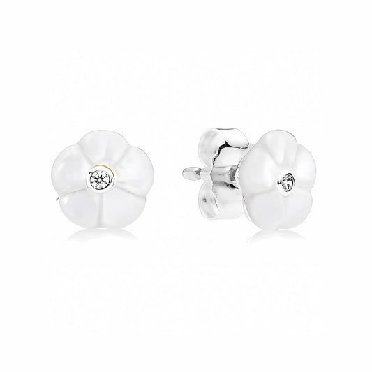 Aretes Pendientes Pandora Tipo Topo Flor Blanca Luminosa 290698MOP Plata 925