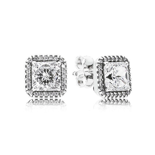 Aretes Pendientes Pandora Tipo Cuadrado Elegancia Atemporal 290591CZ Piedra Halo Plata 925