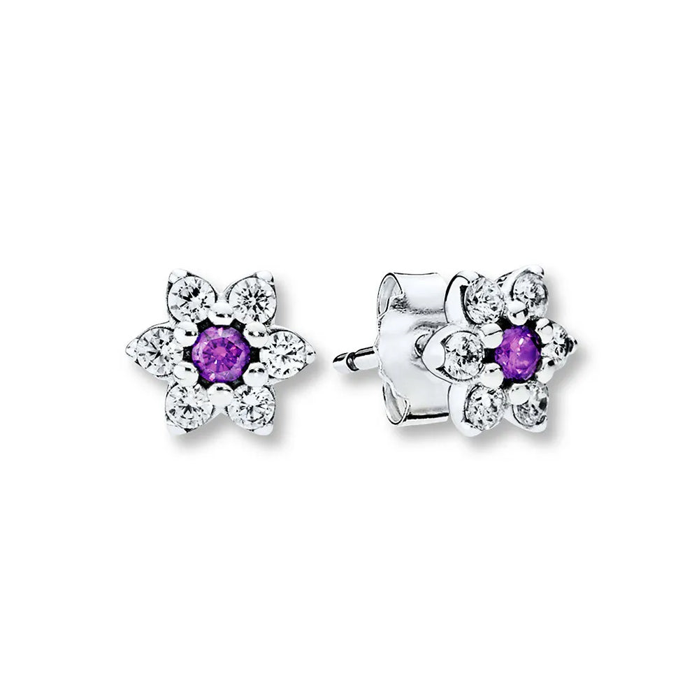 Aretes Pendientes Pandora Flor Elegante con Circonicas Moradas 290690ACZ Plata 925