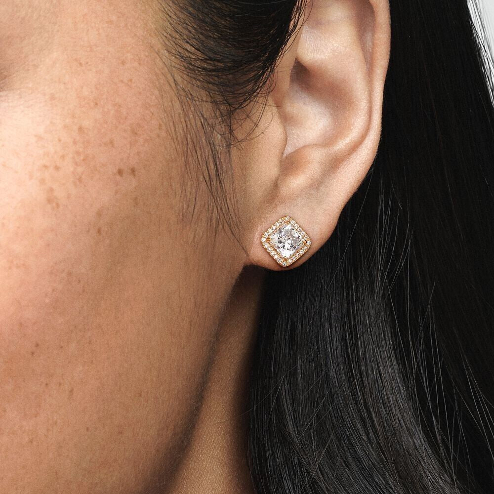 Aretes Pendientes Pandora Cuadrados 14k Detalles en Circonita 250327CZ Plata 925