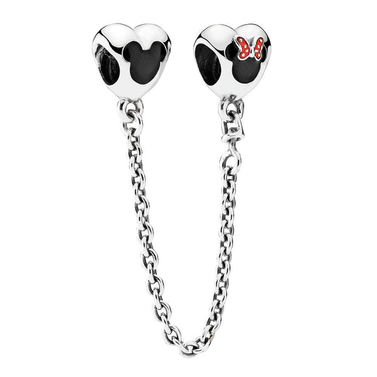 Cadena de Seguridad Pandora con Corazon Mickey y Minnie Rojo y Negro 400009274325 Plata 925